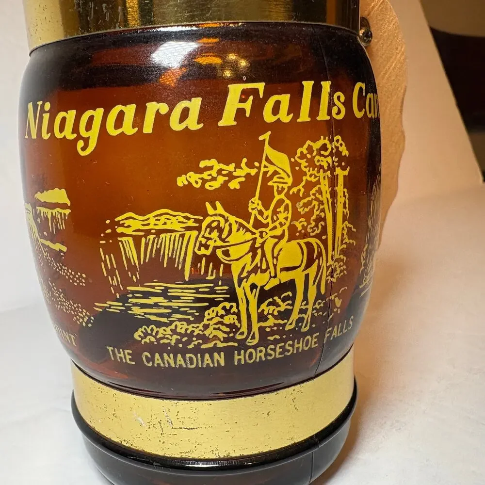 Vintage Niagara Falls Canada Souvenir Brown Glass Barrel Mug Wood Handle